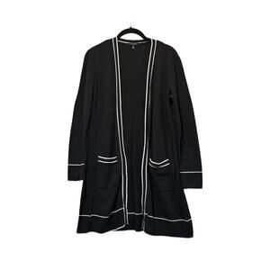 Talbots Black Long Cardigan Women M Academic Professional Contrast Trim Pockets